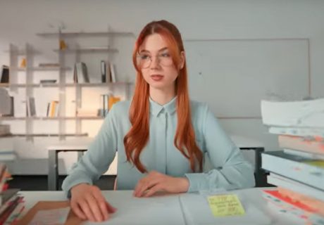 usstattung und Requisite Werbung "Staedtler – Tri Plus You", Frau in Büro, vor ihr Stapel mit Büchern voller Notizzettel