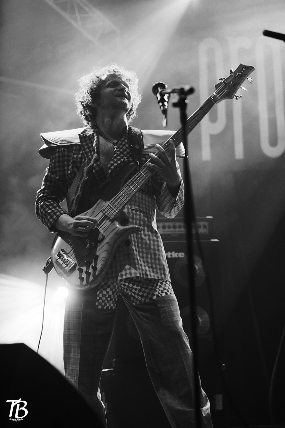 Kostümbild Konzert – Konzertkostüme „Knights“, Gitarrist in kariertem Anzug mit Rüstungselementen aus Stoff